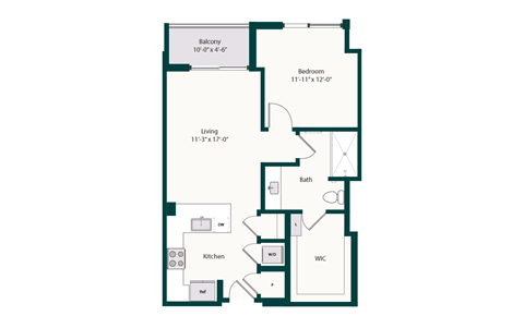 Floor plan for 1 bed, 1 bath, 765 sqft